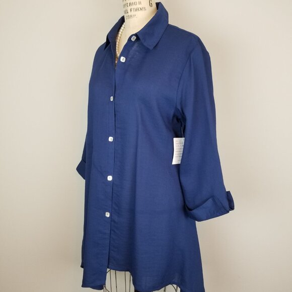 Fridaze Rich Navy Blue 100% Linen Blouse w/ Asymmetrical Hem New w/Tags * Small - Picture 4 of 7